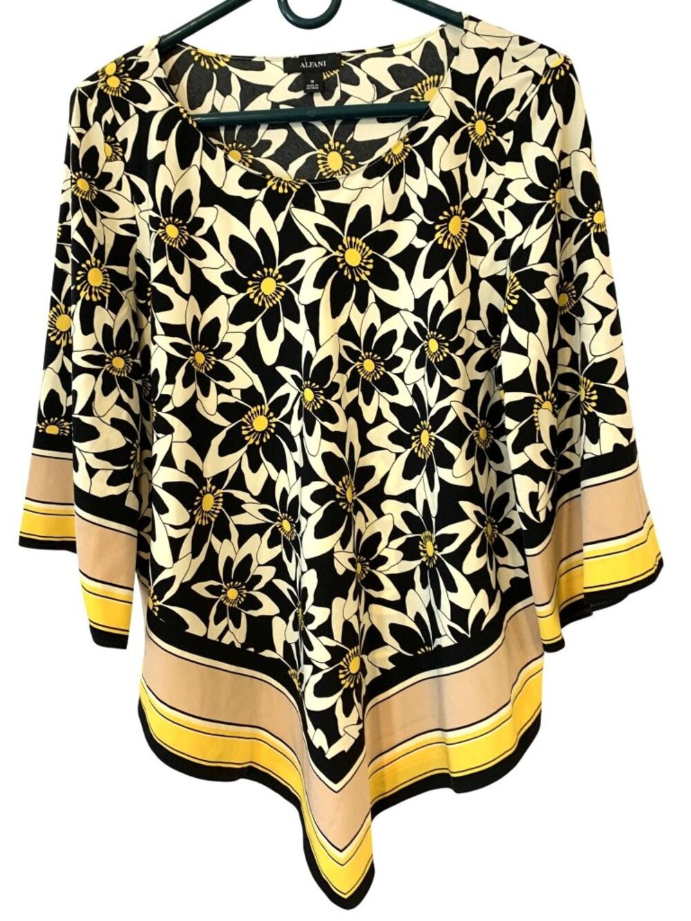 Alfani Womens M Floral Blouse Black Yellow Handkerchief Hem Tunic Top Artsy